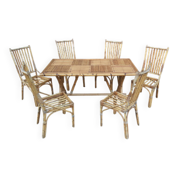Table et 6 chaises en bambou et rotin