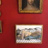 Old oil on panel depicting a nude scene with its golden frame