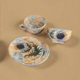 Aegitna Vallauris Hand Painted Enameled Ceramic Cups and Plates/Saucers with Thistle Motifs
