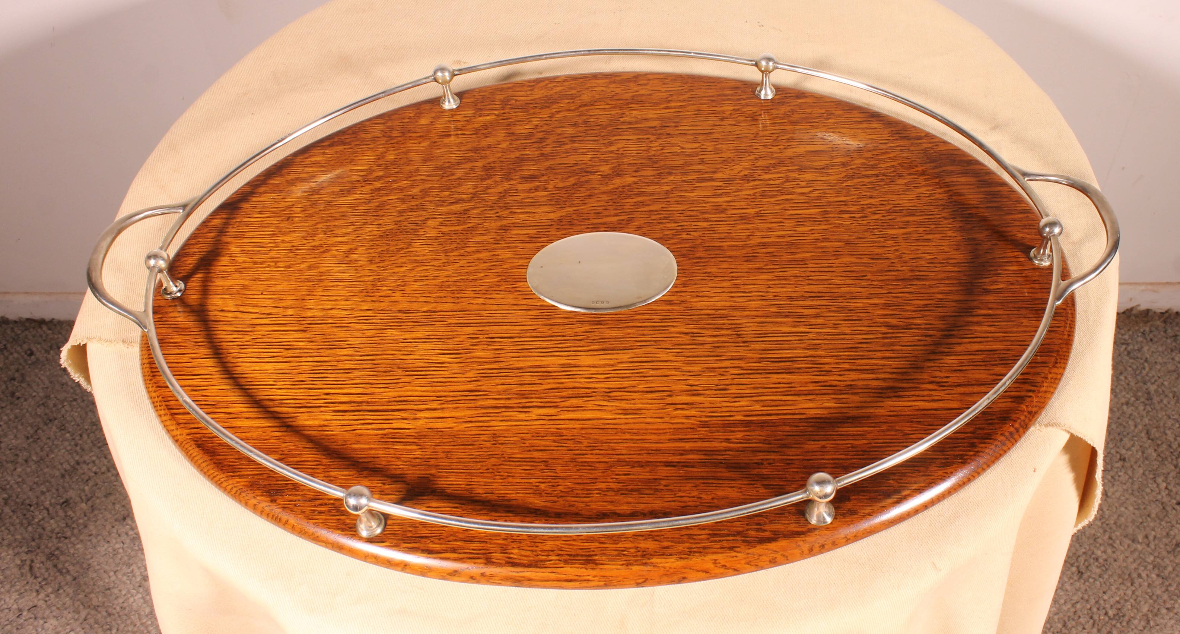 19th century silver-plated metal and oak tray