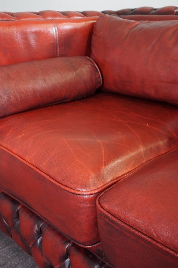 Chesterfield sofa in red cowhide leather, 2.5 seats