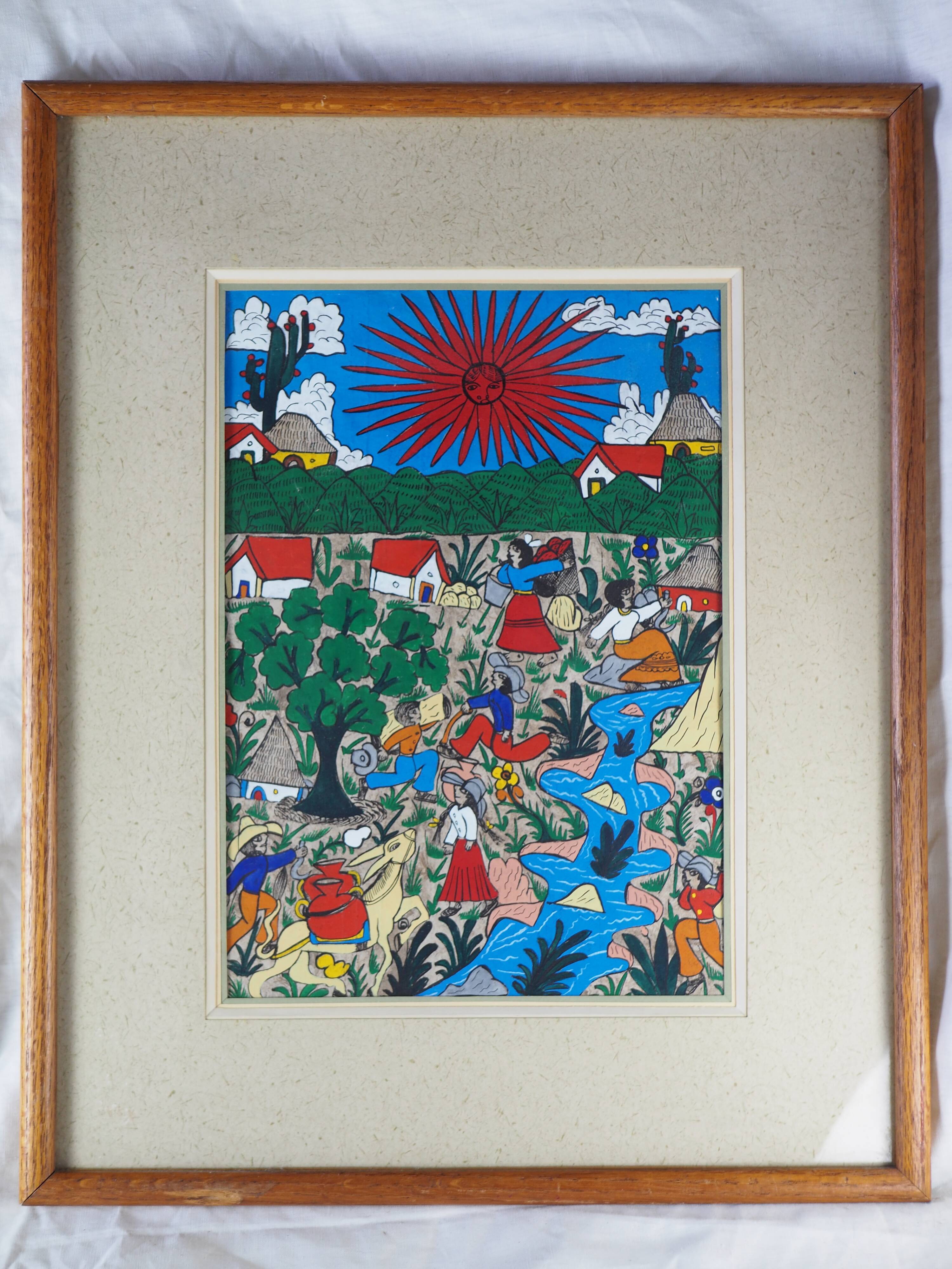 Peasants, river and donkey under a red sun - Mexican folk art - 1970s