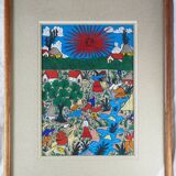 Peasants, river and donkey under a red sun - Mexican folk art - 1970s