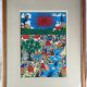 Peasants, river and donkey under a red sun - Mexican folk art - 1970s