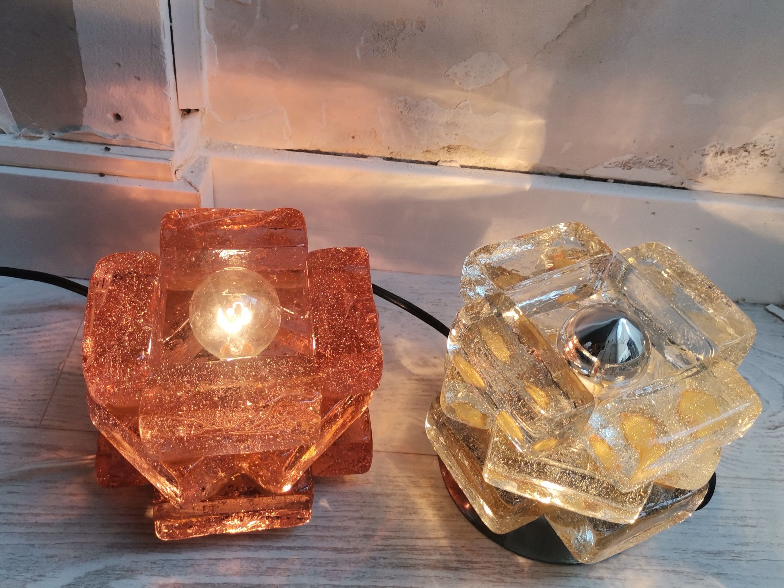 Brutalist solid bubble glass clear and red table lamps 1960s, set of 2