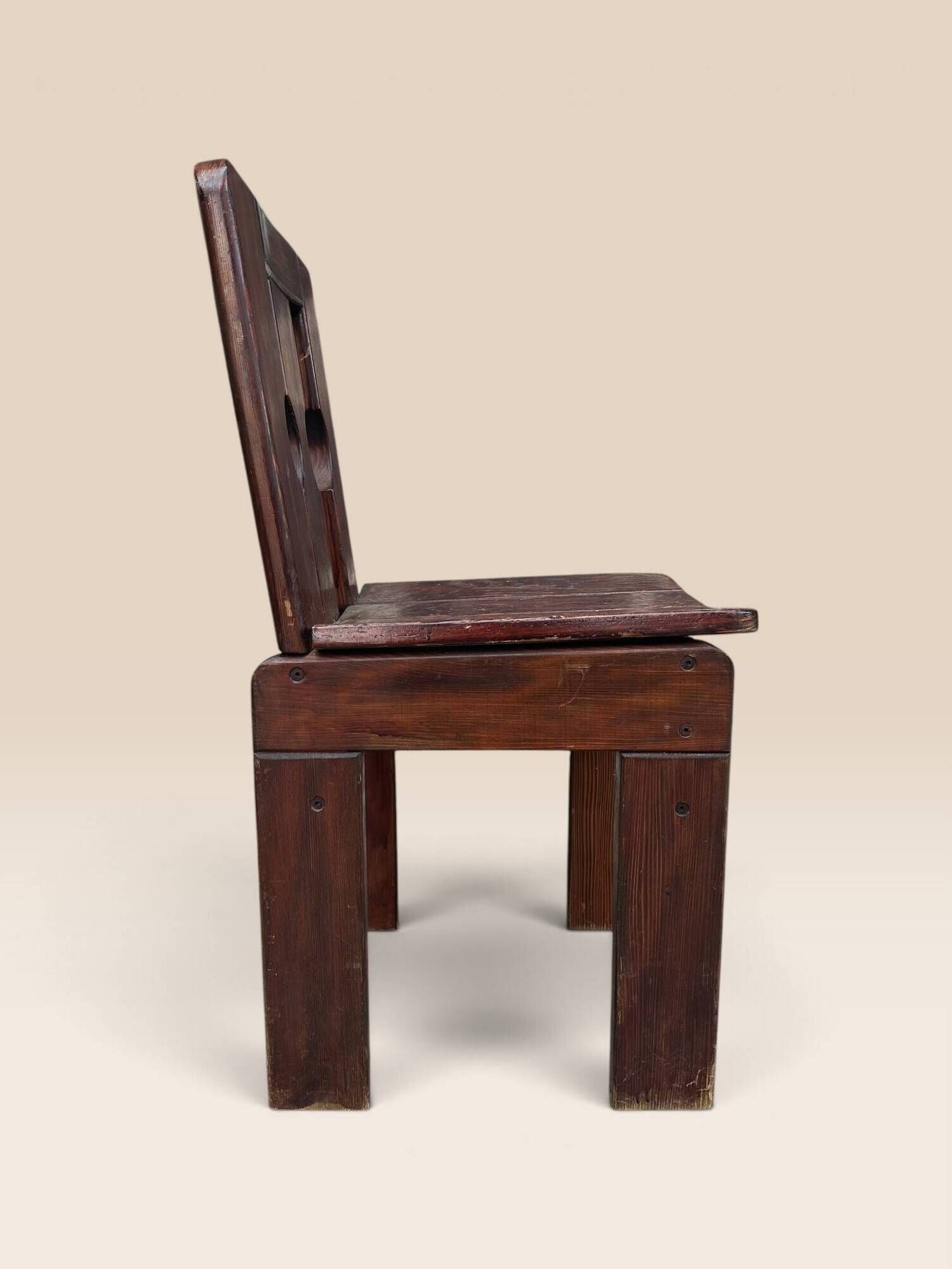 Set of five brutalist chairs in solid pine.