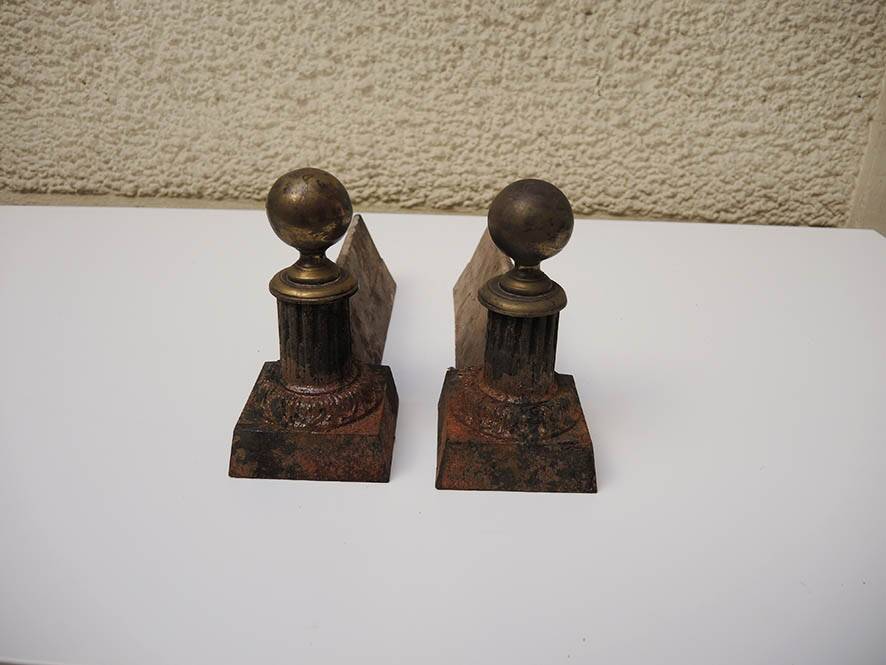 Old Neoclassical Cast Iron Andirons: Ball on Column