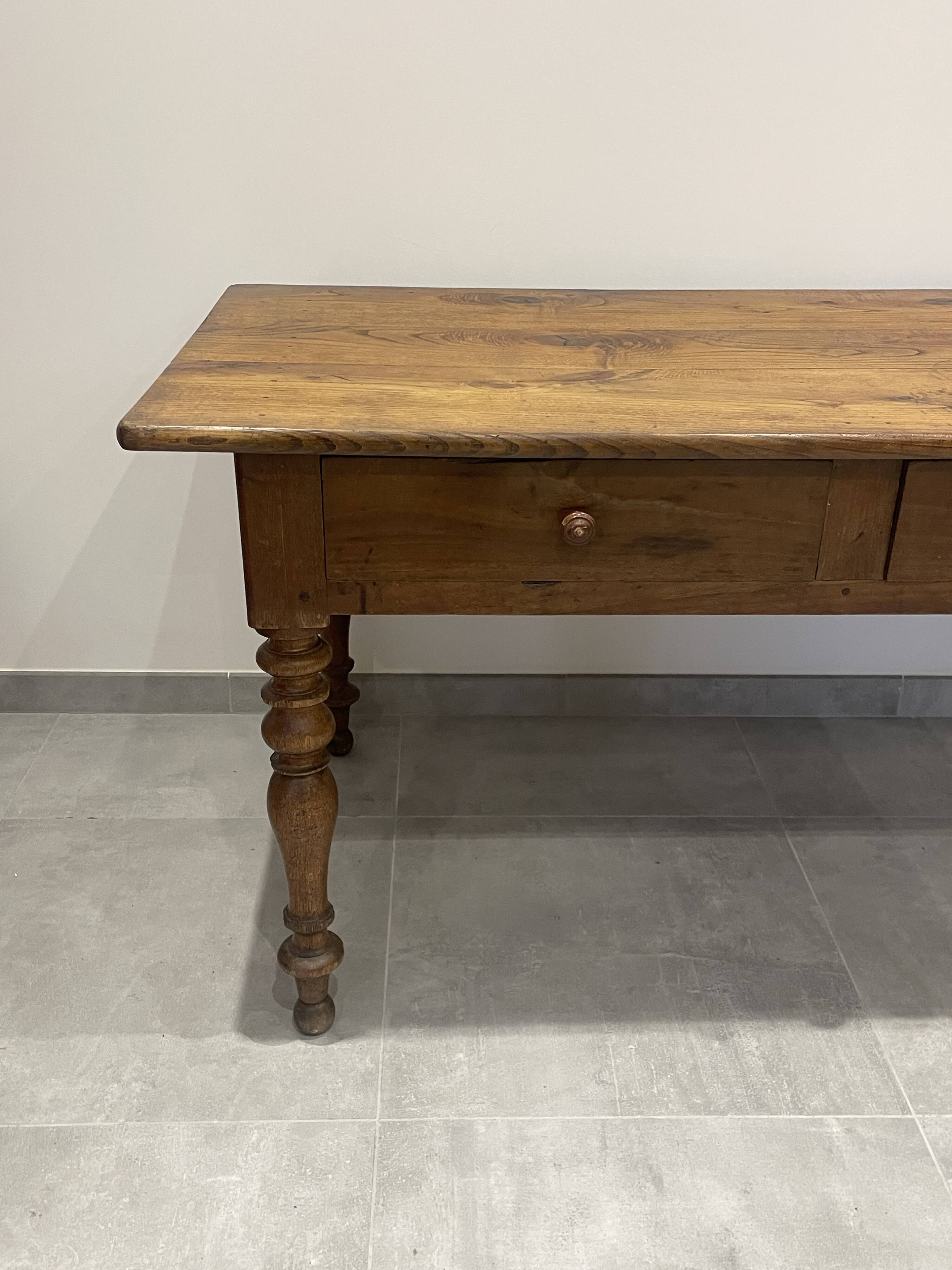 Antique natural wood farm table with 3 drawers