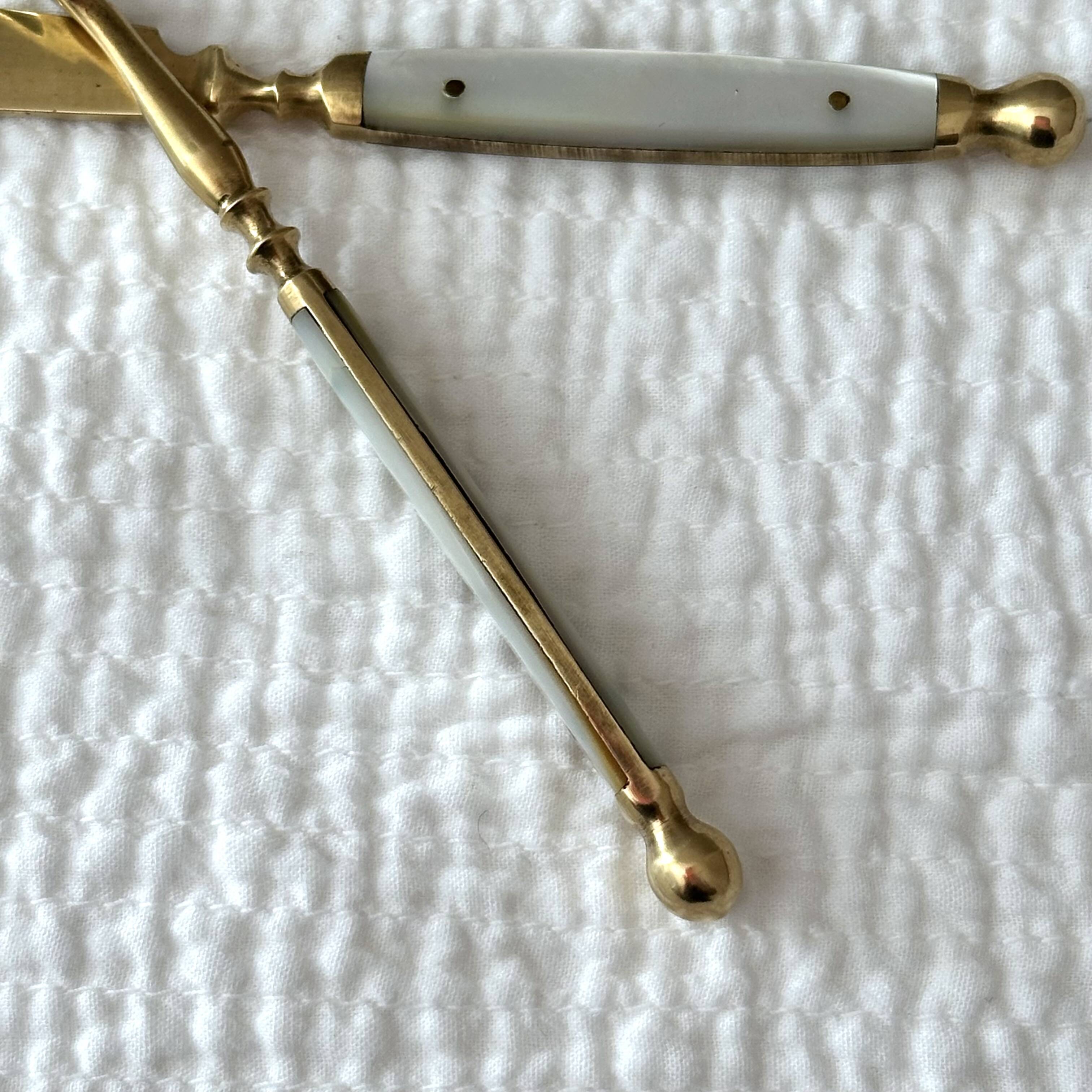 Antique Fruit Cutlery Set for 6 · Brass & Mother-of-Pearl · Original Box