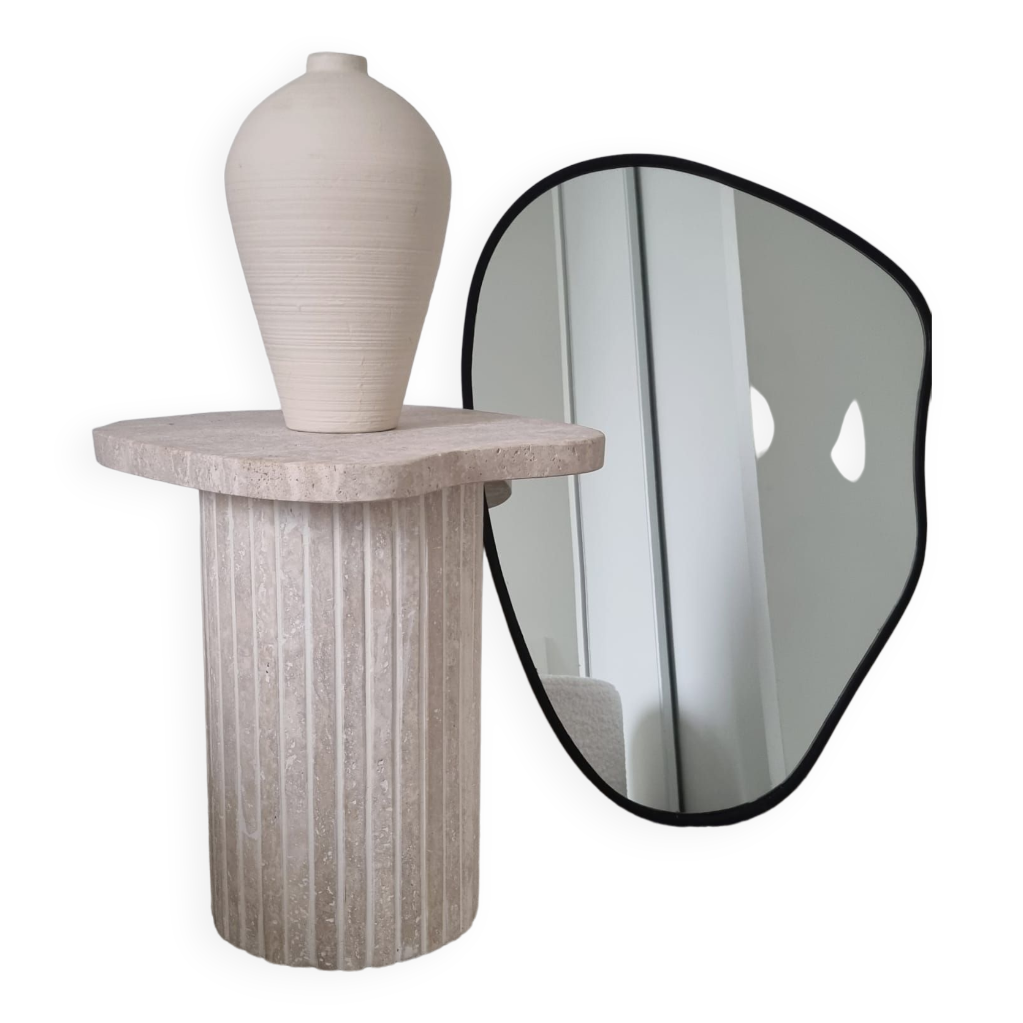 Alpha side table irregular natural travertine ribbed foot