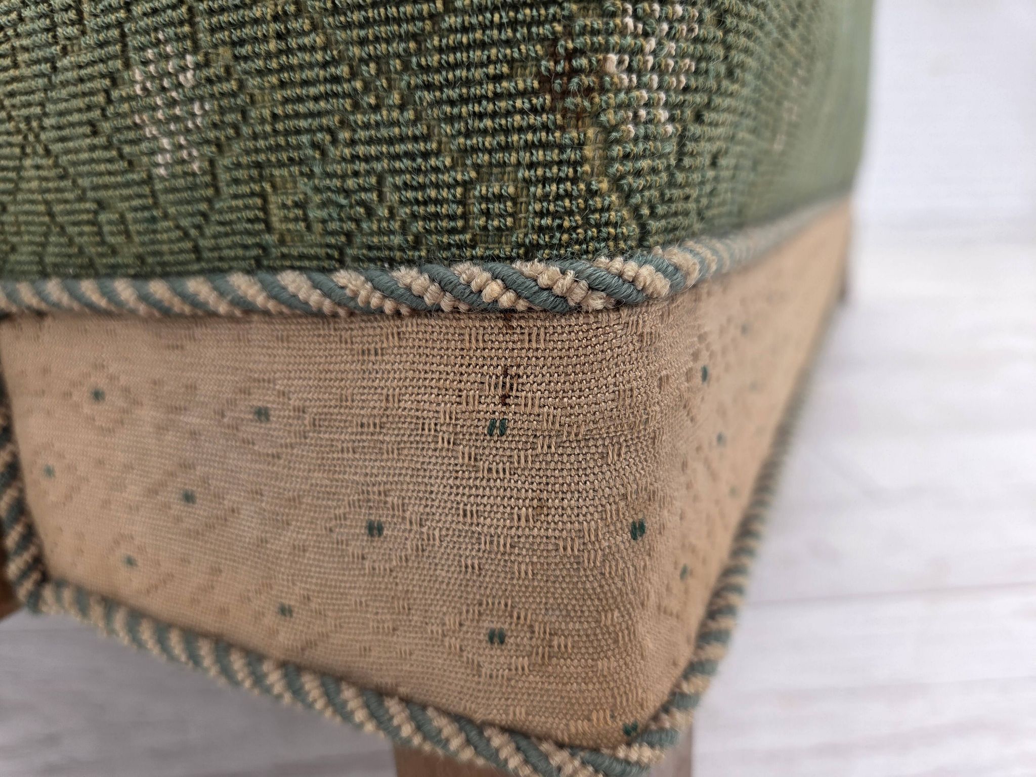 1950s, Danish 3-seater sofa, green/beige furniture wool fabric, oak wood.