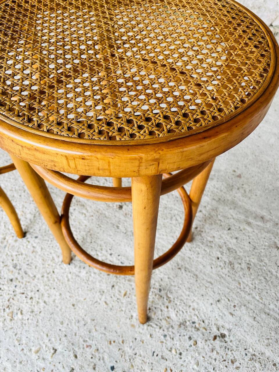 Pair of vintage bar stools, curved wood and cane