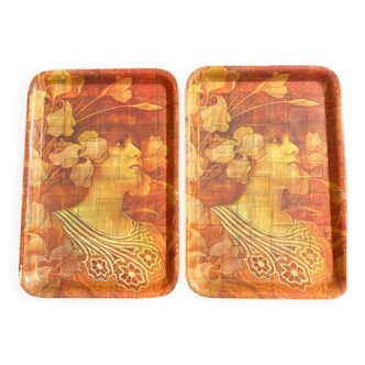 Set of 2 art nouveau bamboo trays