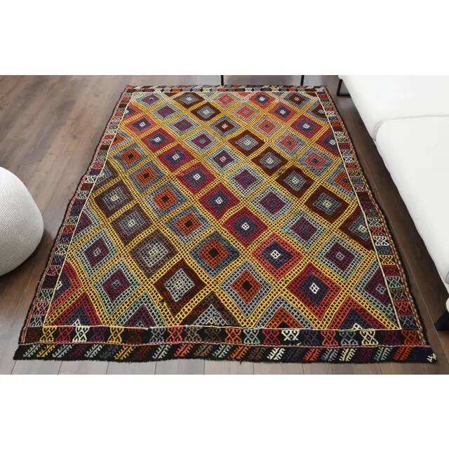 1970s Vintage Turkish Hand-Knotted Wool Cotton Yellow Area Rug 175x234