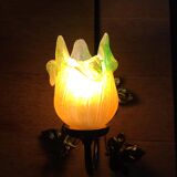 Art-deco style wall lamp with black metal support and foliage and glass paste tulip