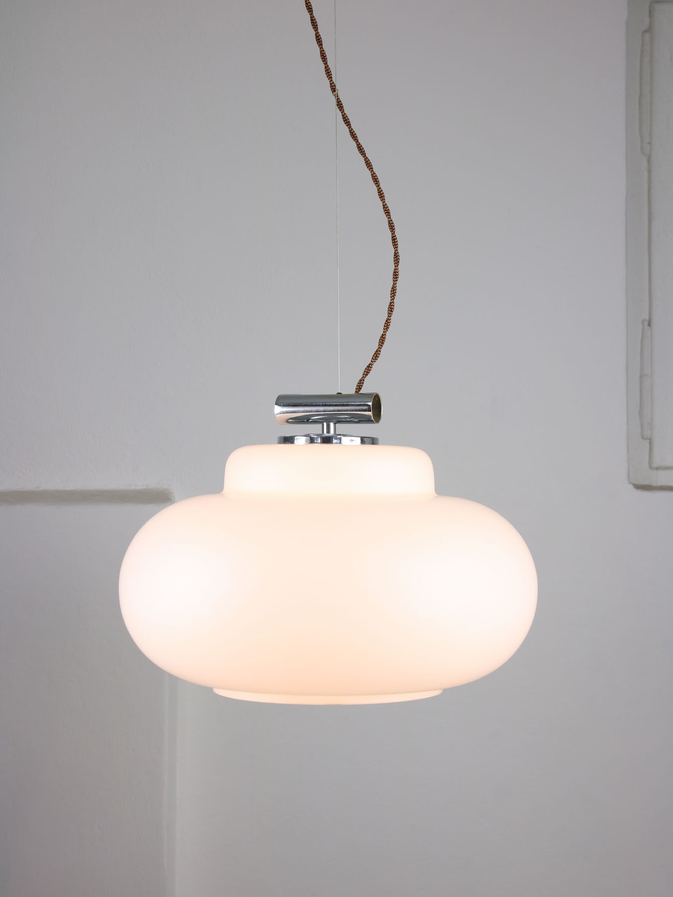 Suspension Vintage Chrome & Opaline, années 1980