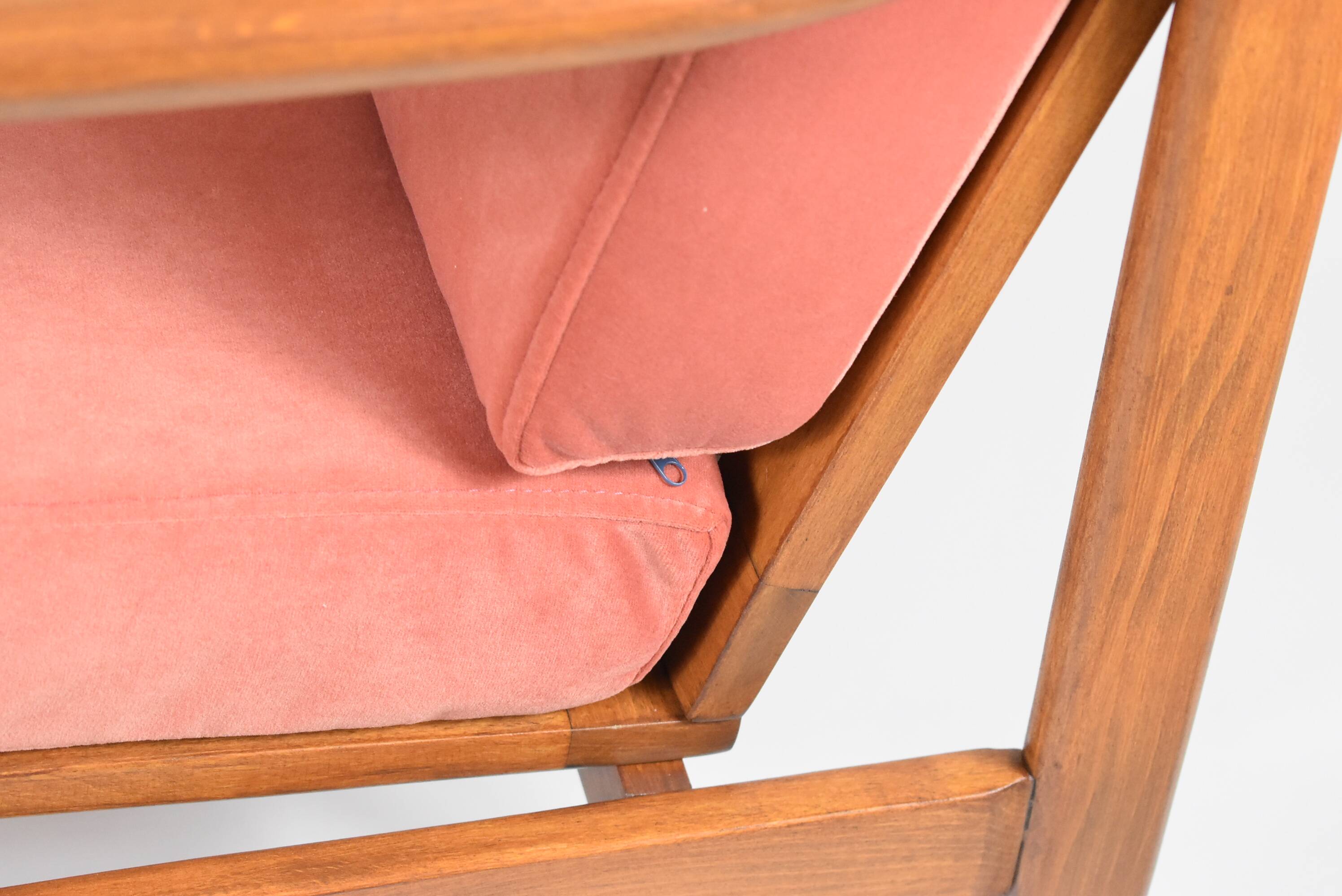 Scandinavian original armchair Baczyk, 1960s, renovation, pink, velvet, teak