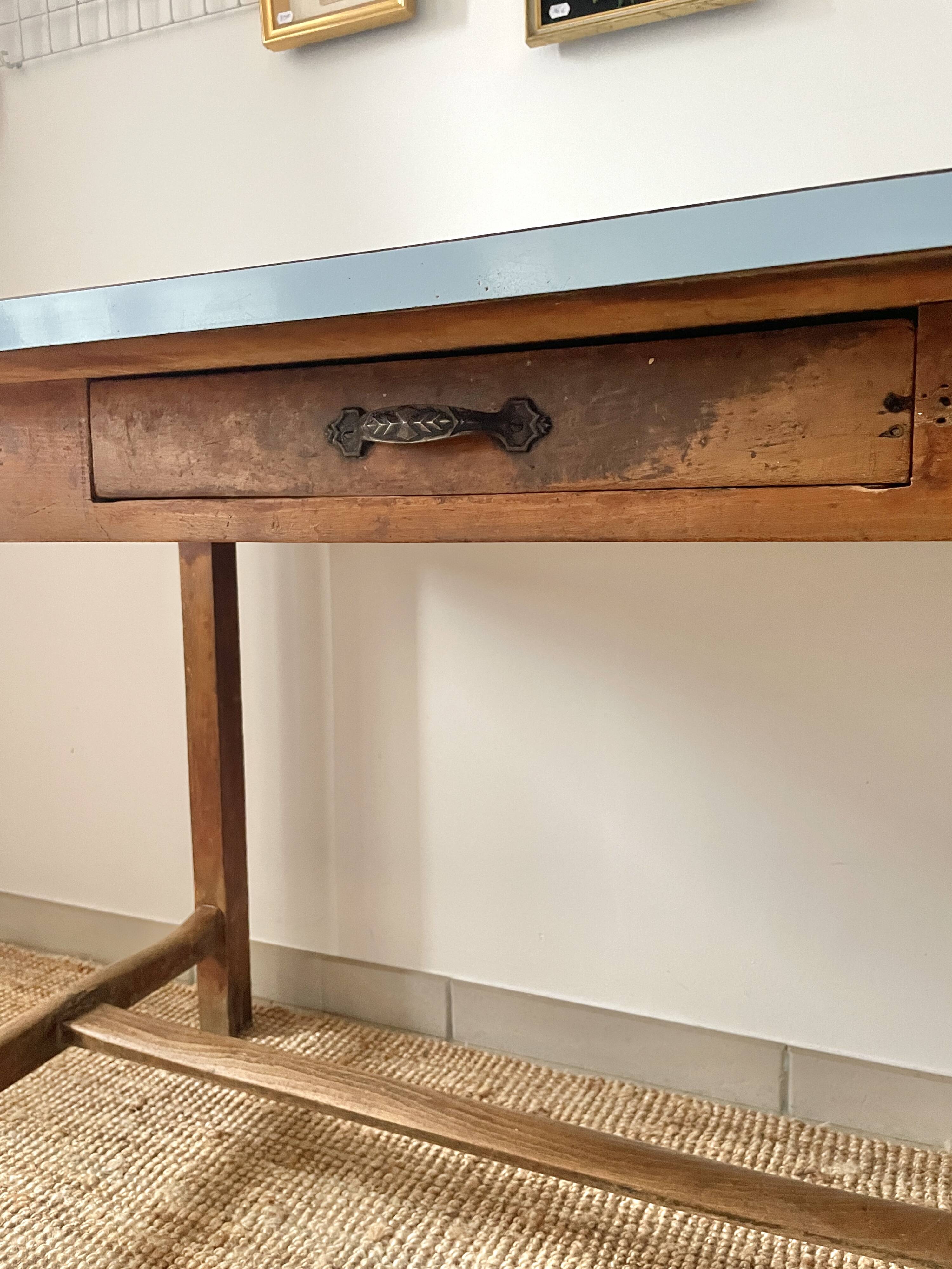 Antique farmhouse table with blue formica top