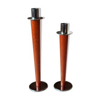 2 high candle holder made of cherry tree wood and stainless steel 1990
