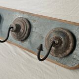 Antique teak coat rack with 3 wrought iron hooks