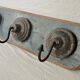 Antique teak coat rack with 3 wrought iron hooks
