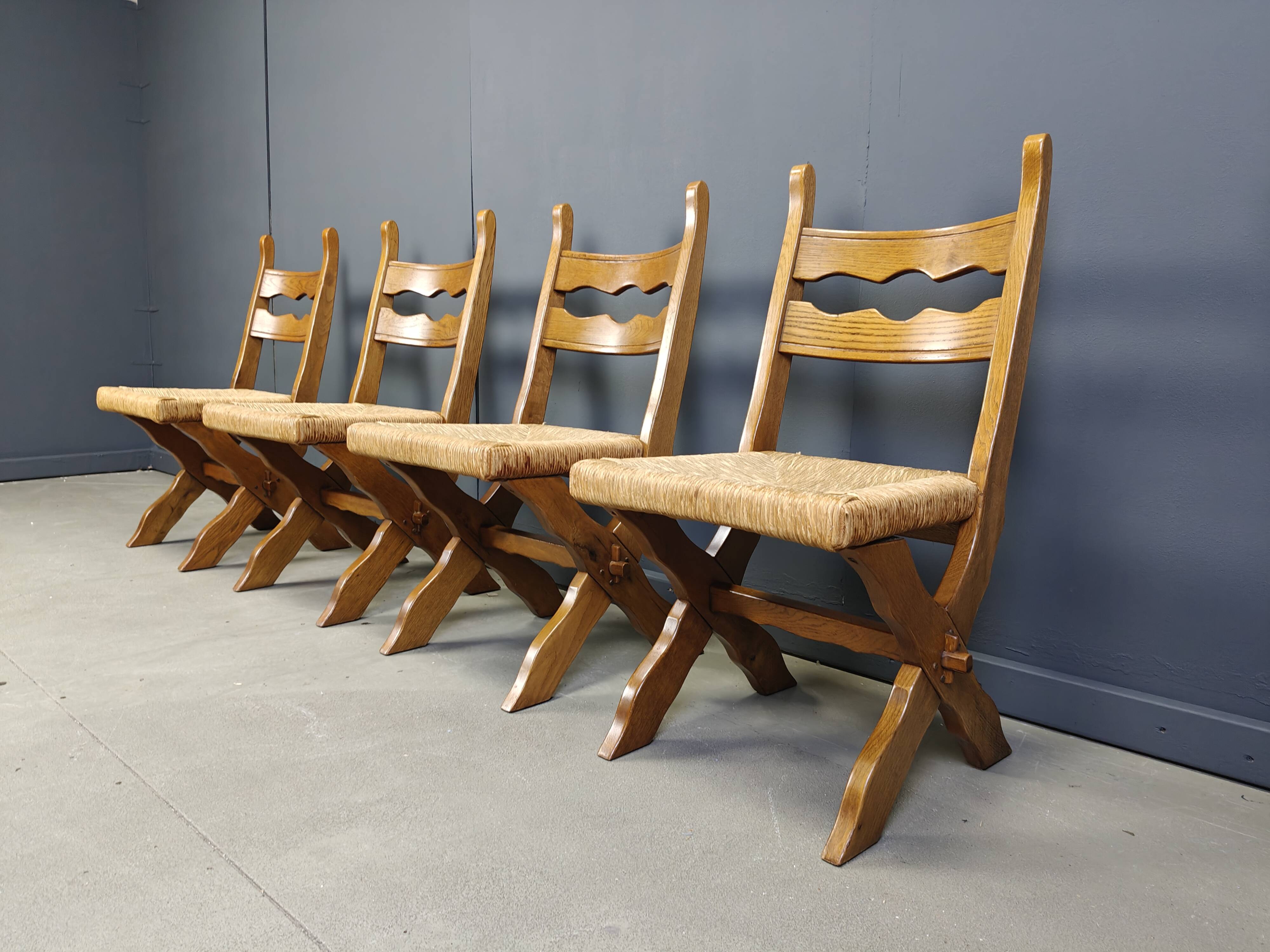 Vintage oak and wicker brutalist chairs, 1960s - set of 6