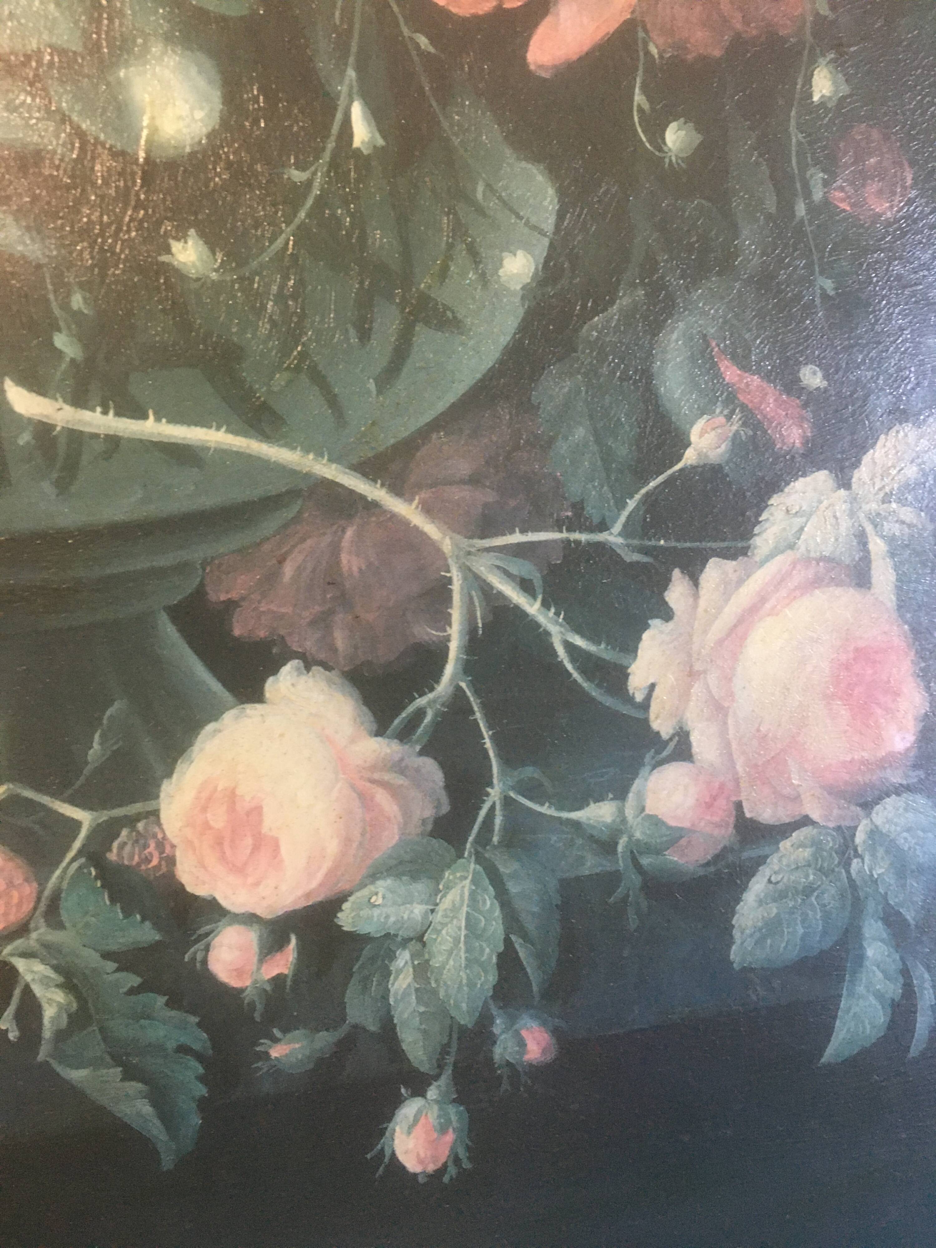 Bouquet of flowers and fruits on table, composition on canvas 100x120