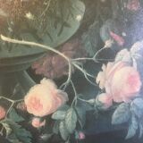 Bouquet of flowers and fruits on table, composition on canvas 100x120