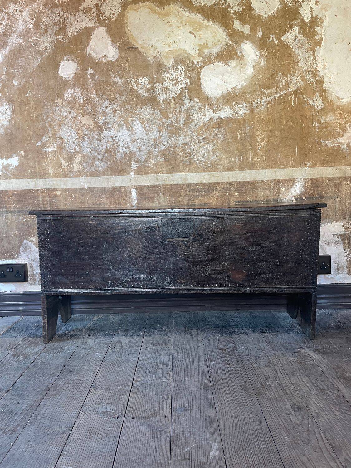 Large Heavy 18th Century Circa 1700 Primitive Carved Oak Sword Chest, Good