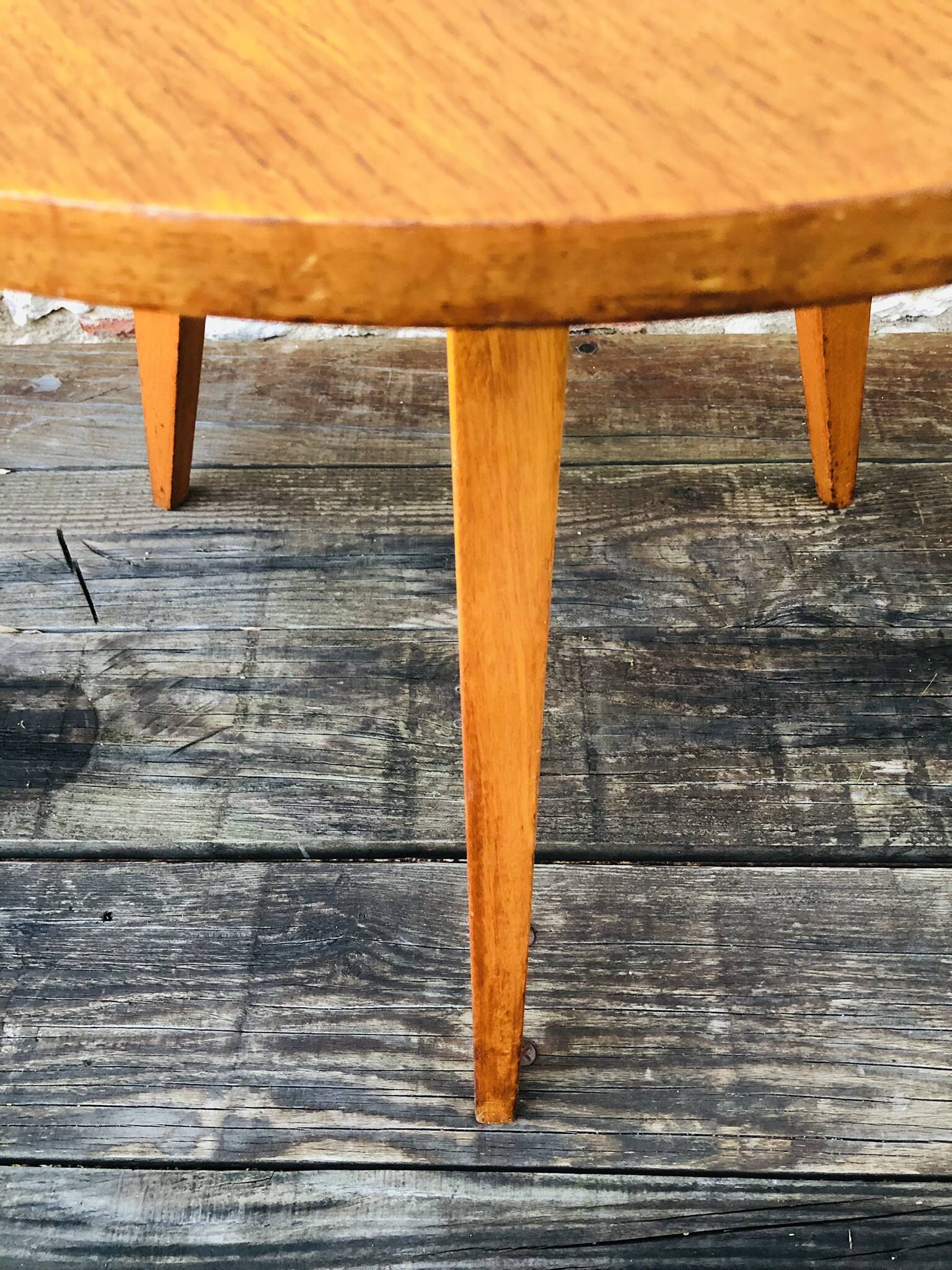 Vintage round coffee table, oak tripod legs circa 60