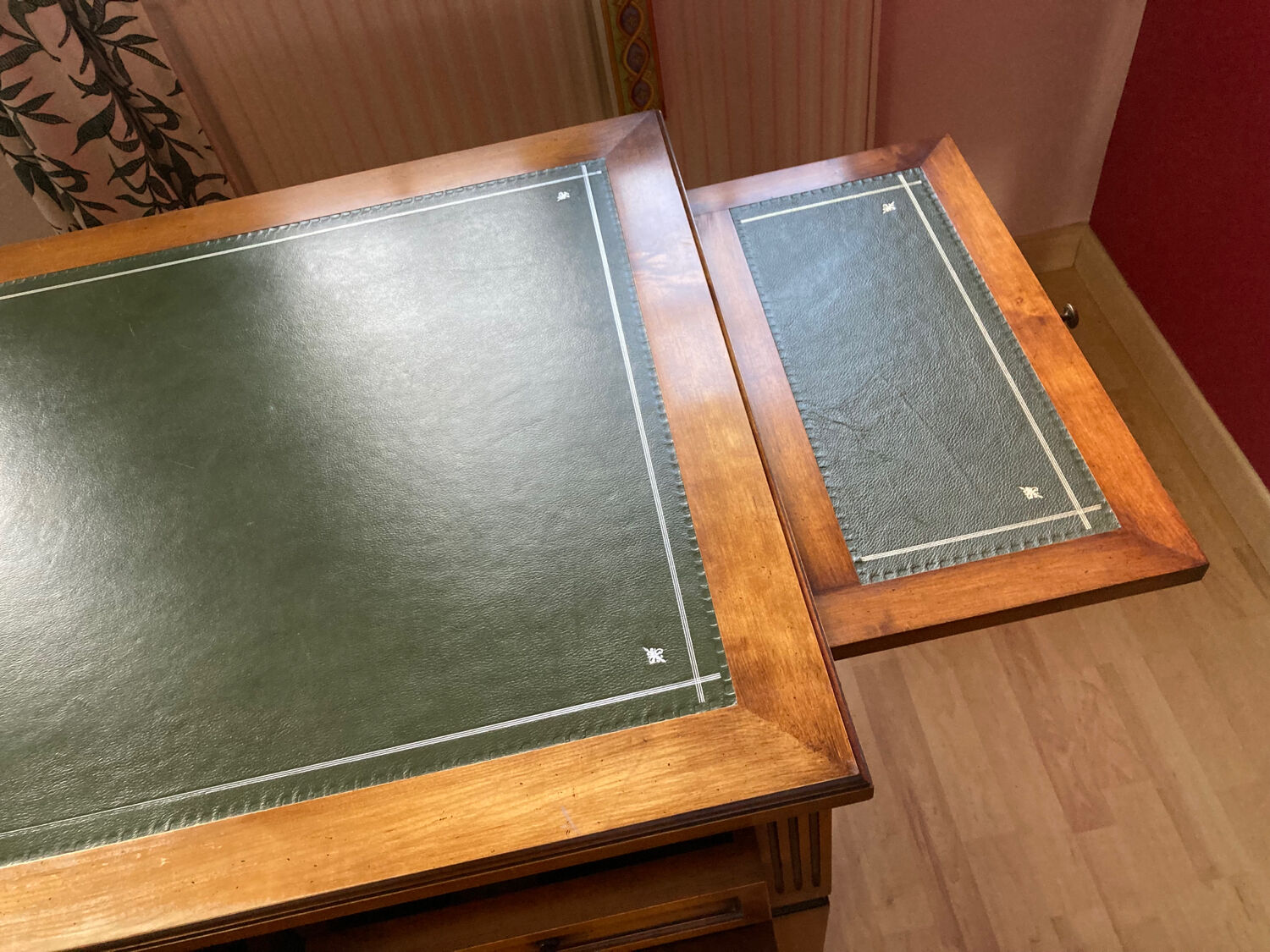 Napoleon Empire style wood and green leather desk 4 drawers 2 sliding shelves