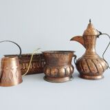 Copper jug with lid and brass handle, large copper jug with relief