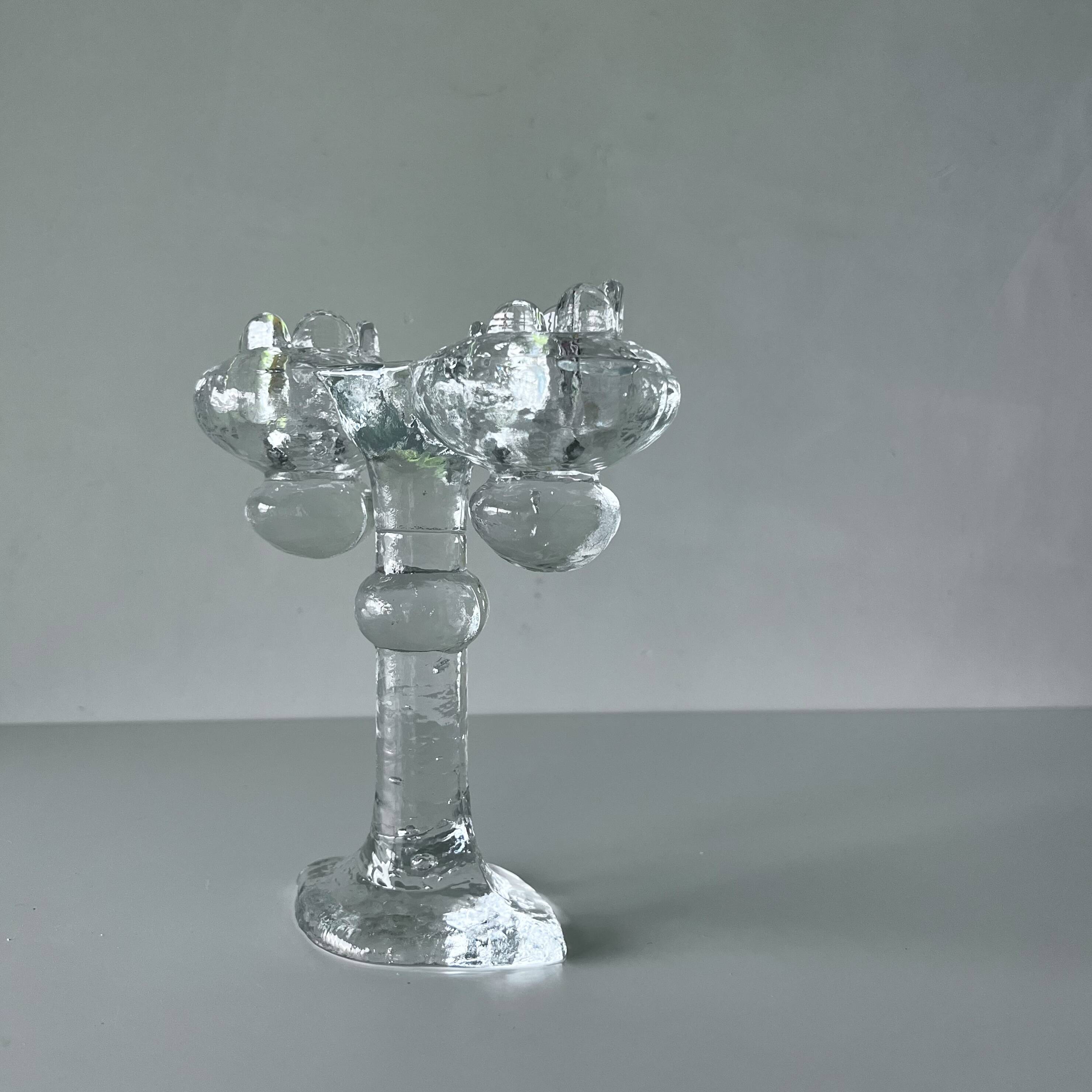 Brutalist double candle holder in ice glass Pukeberg Sweden – 1970