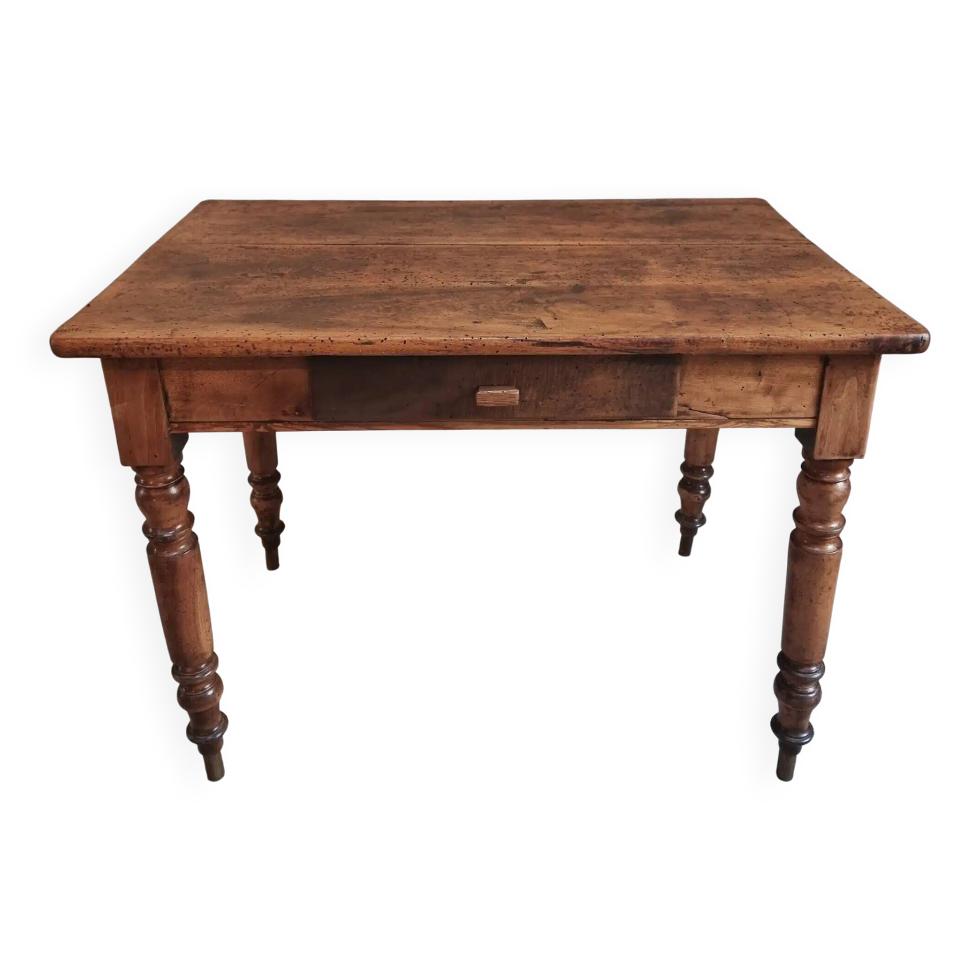 Table française ancienne en noyer – Table de cuisine ou bureau du XIXe siècle avec tiroir (100 × 64 × 74 cm)