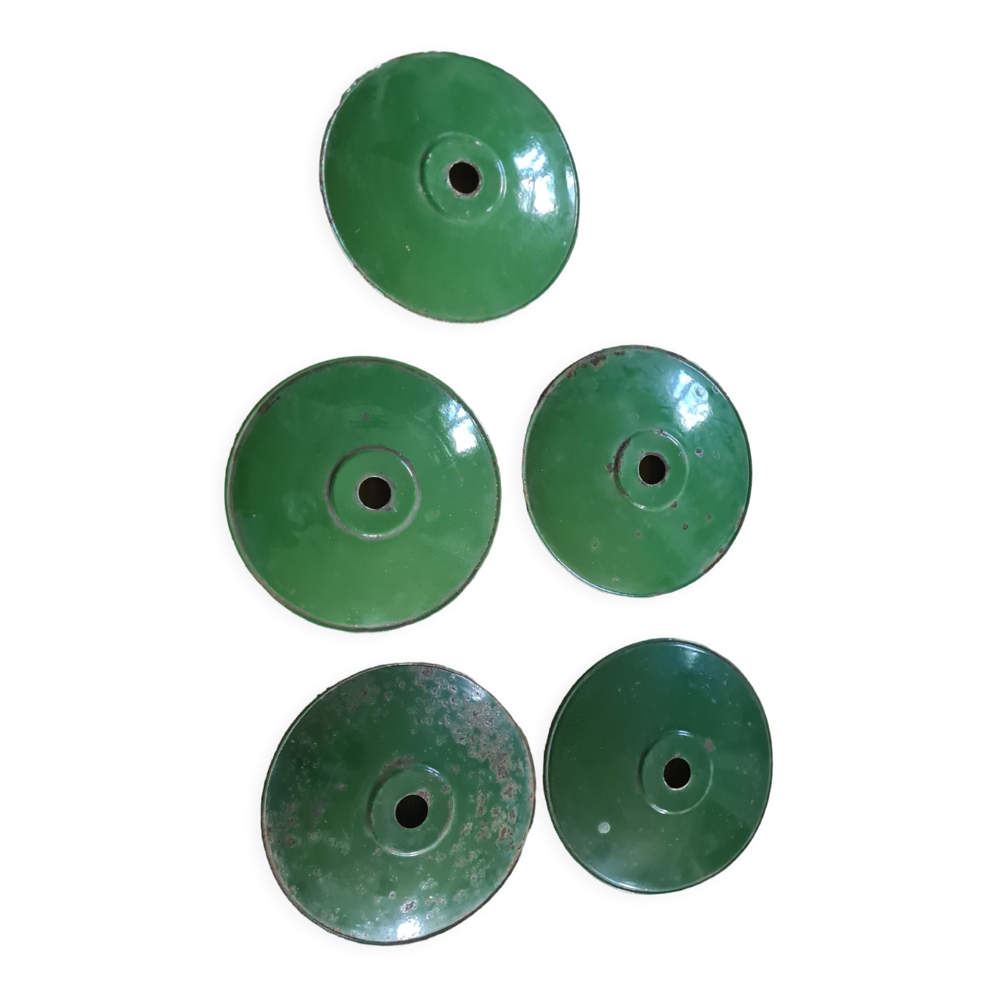 Set of 5 old green metal / industrial style pendant lamps