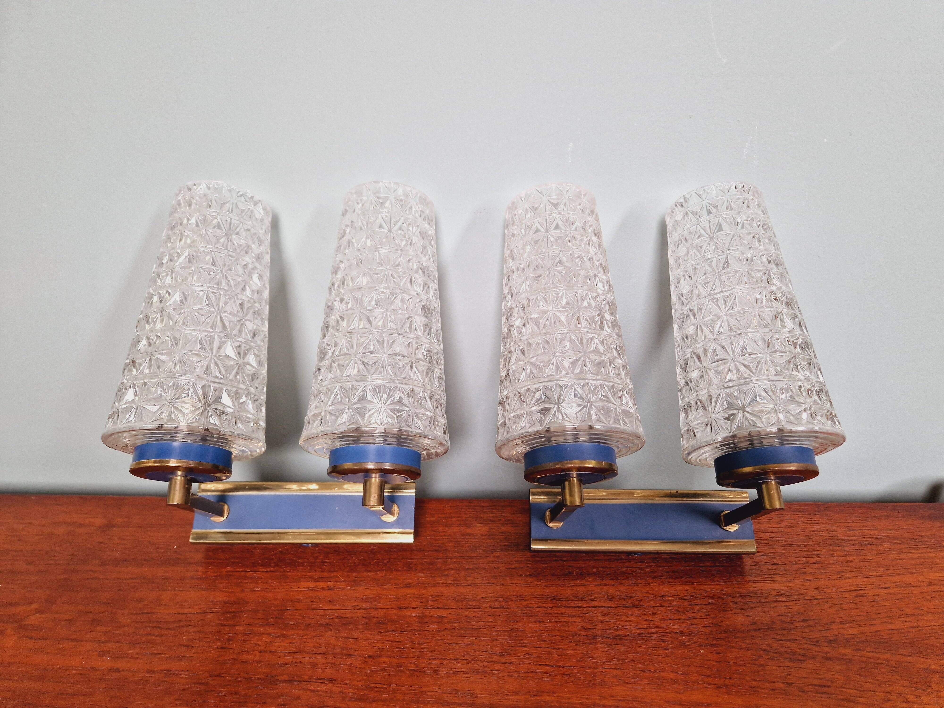Pair of double wall lights in glass and blue lacquered metal, 1950s-60s