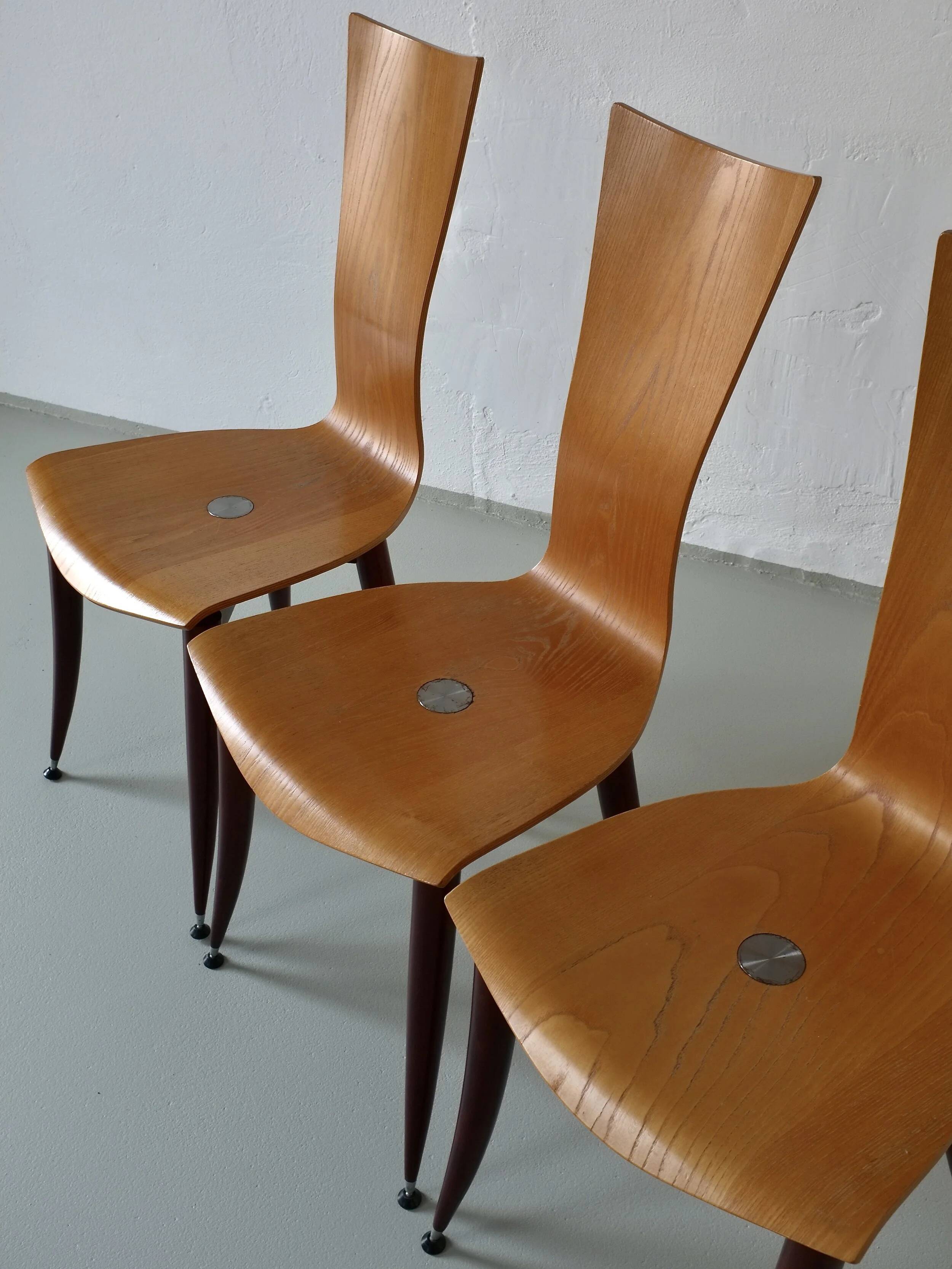 3 plywood burgundy legs chairs | Italy | 1980s