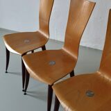 3 plywood burgundy legs chairs | Italy | 1980s
