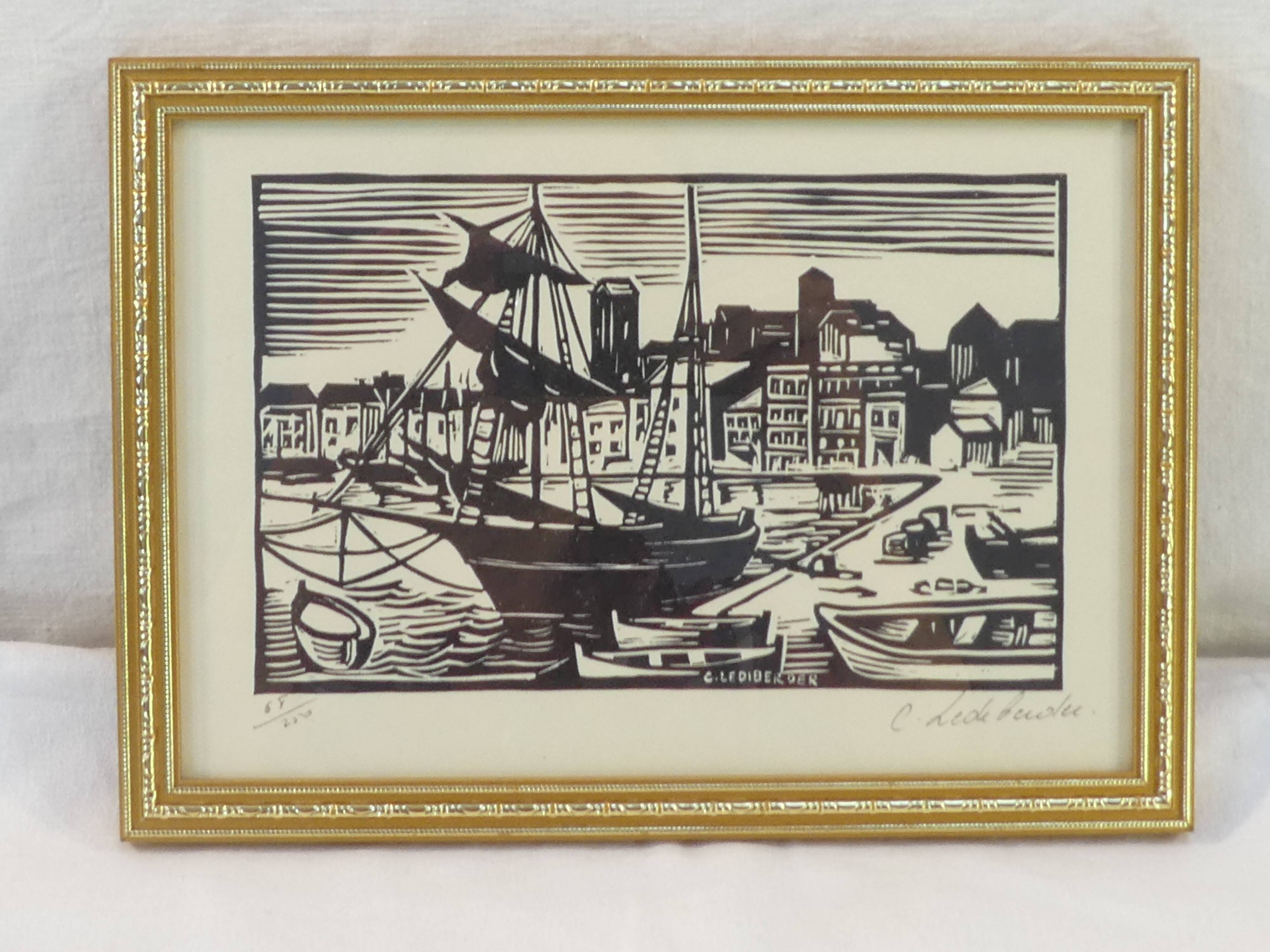 Lithograph print signed c. lediberder boat in port 68/250