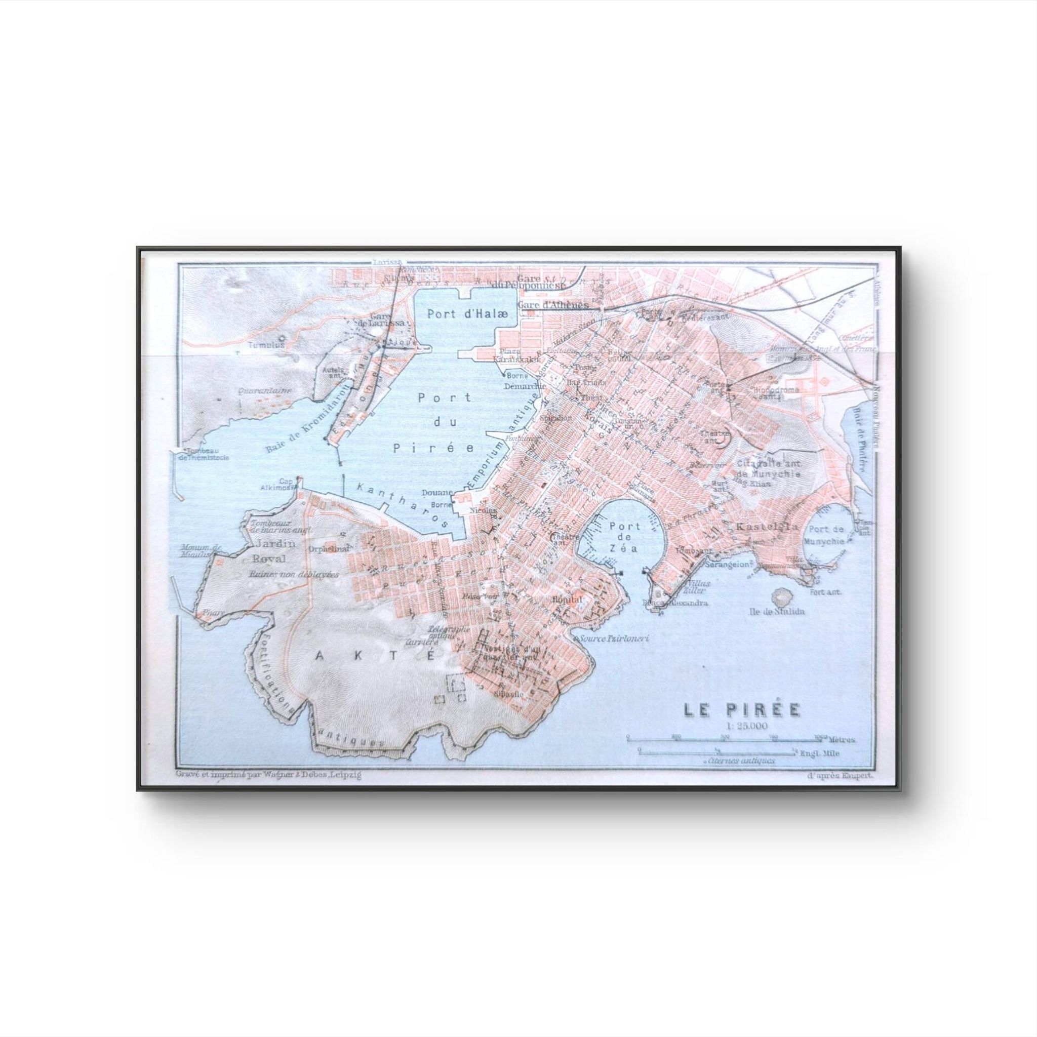 Piraeus, Athens, small original map printed in 1910.