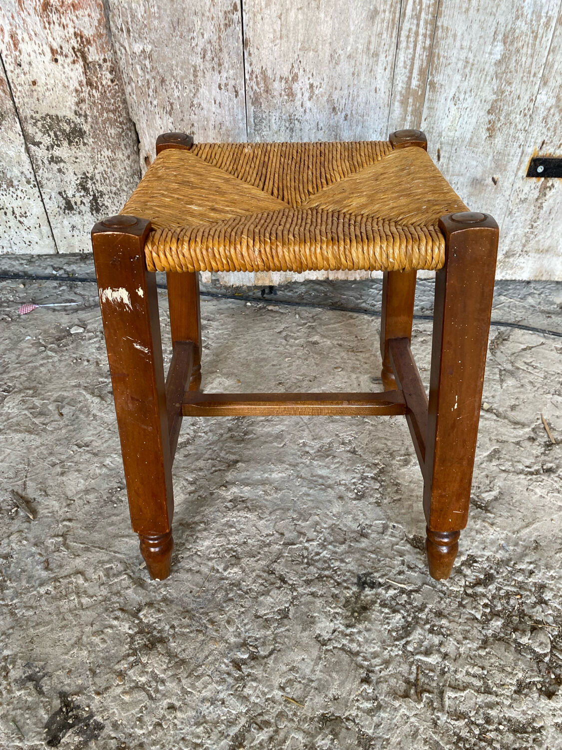 Old Trapezoid Stool Wood + Woven Straw Seat #D823