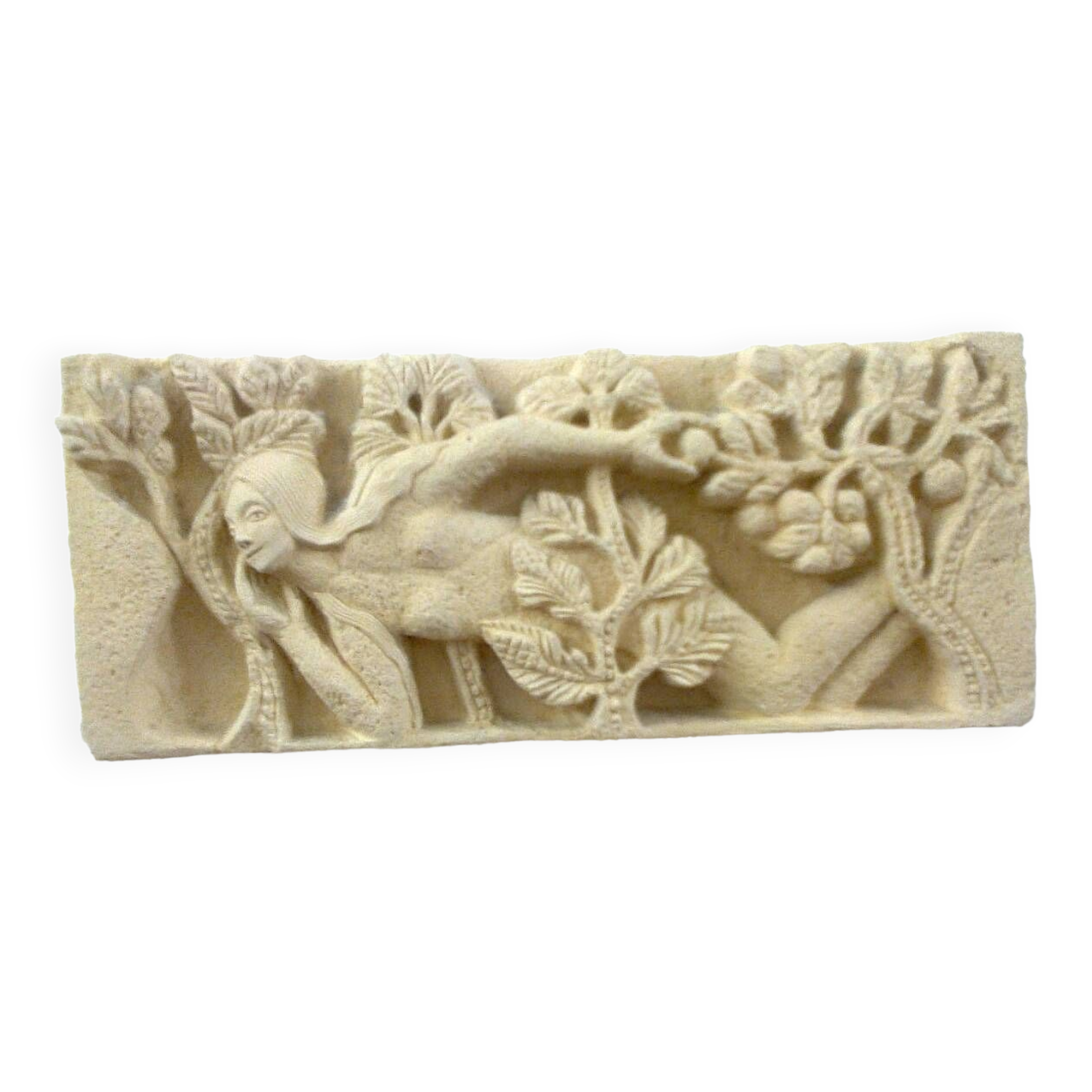 Sculpted stone wall decoration, medieval motif: Eve in the Garden of Eden