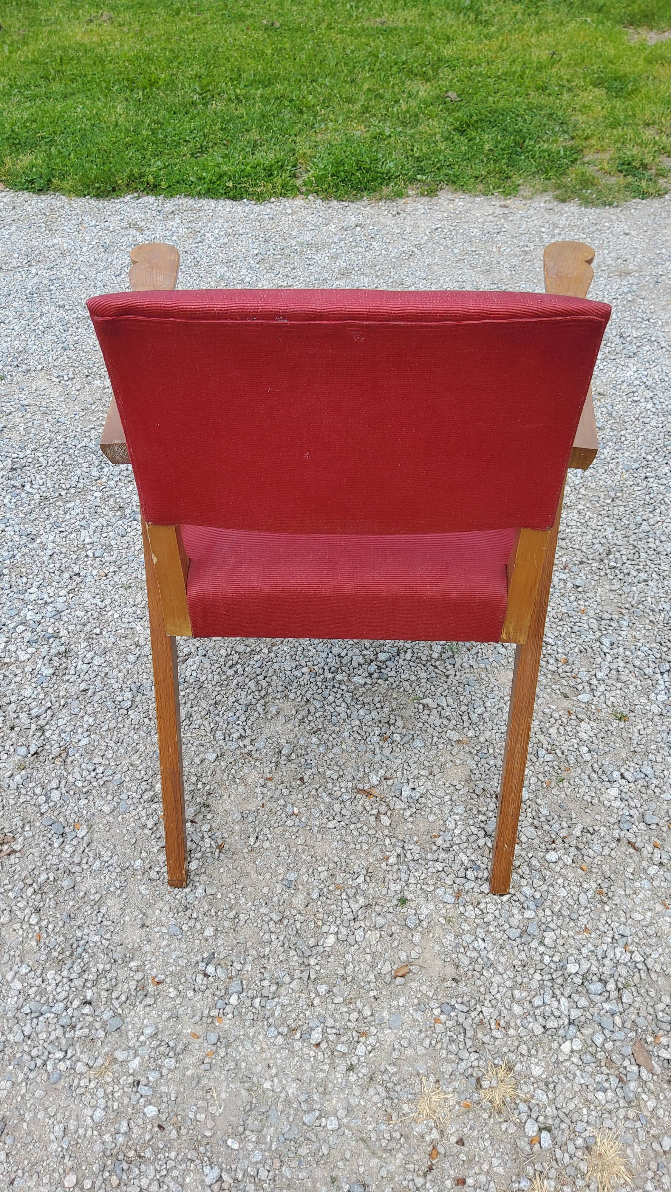 Armchair of the 50s in blond oak and red fabrics compass feet