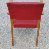Armchair of the 50s in blond oak and red fabrics compass feet