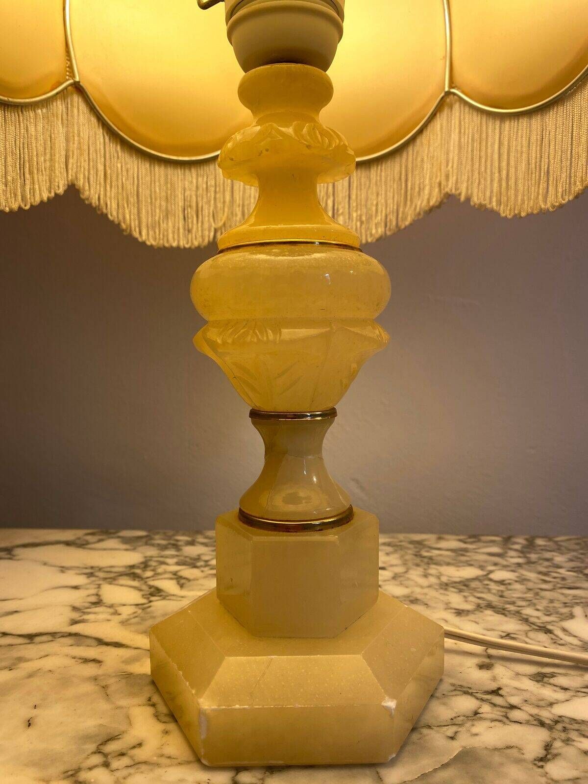 Alabaster lamp, frilled shade with fringes, 1930s-1940s.