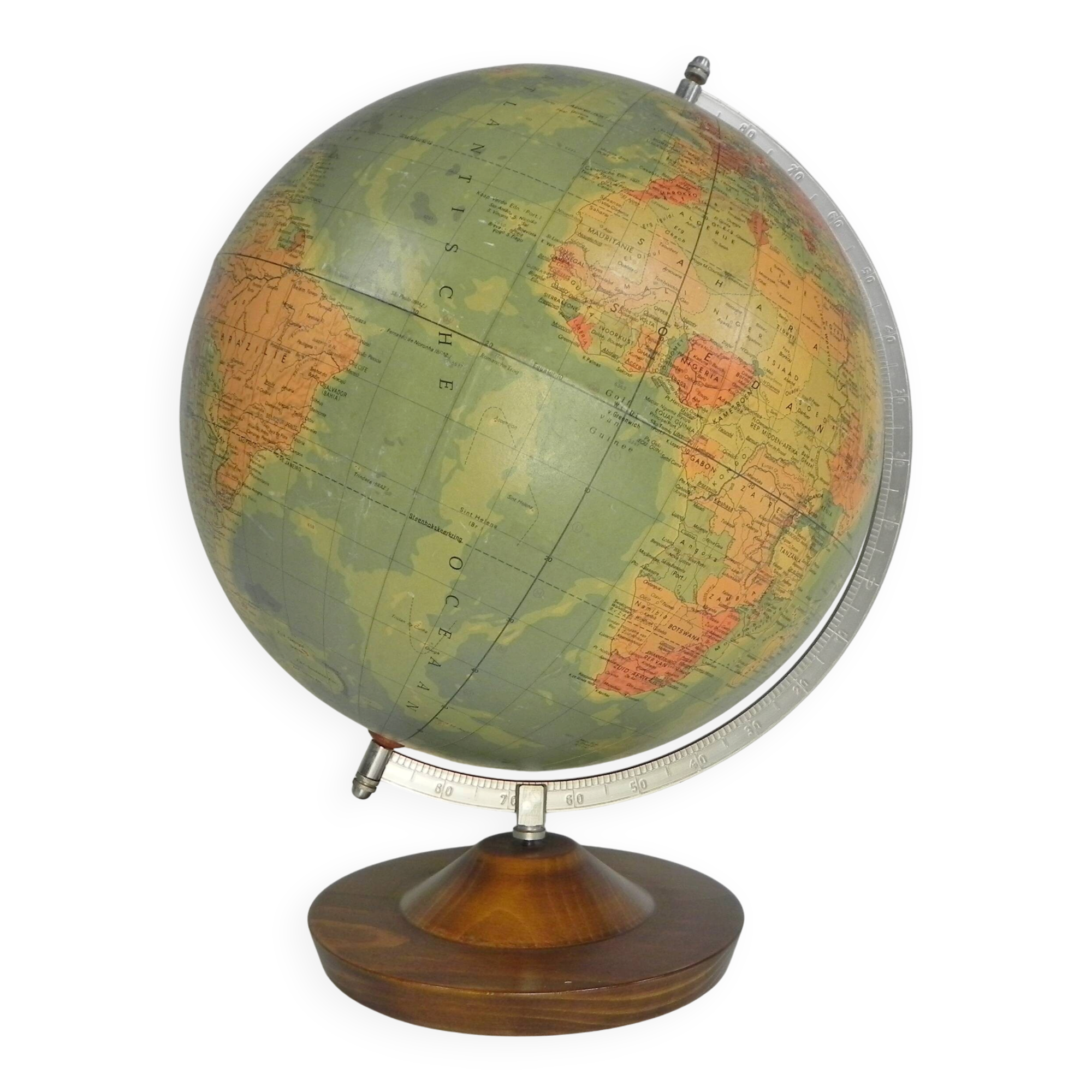 Paper mache globe on a wooden base, 1975