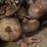 Oil painting on canvas signed J. Fleury-Bin Still Life with pewter and onions
