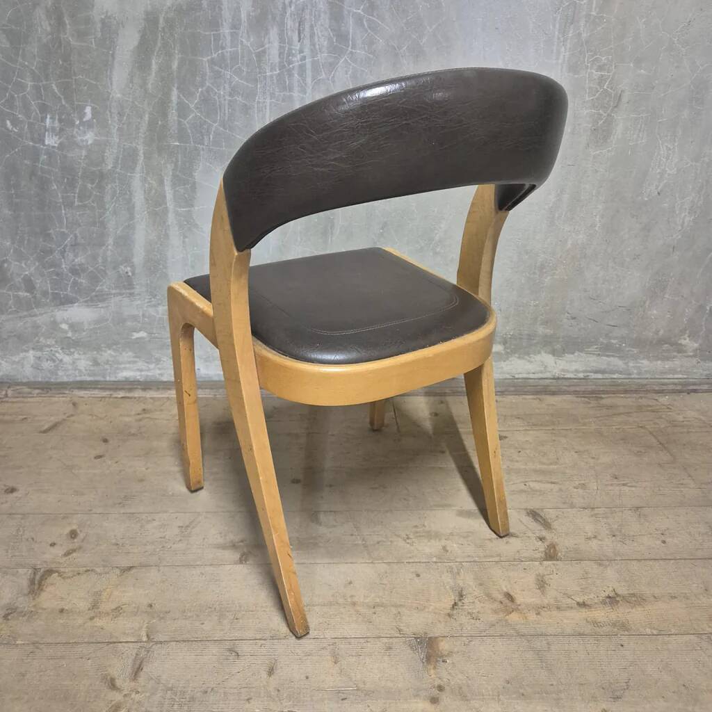 Vintage Curved-Back Dining Chair, Wood & Leatherette, Czechoslovakia, 1970s