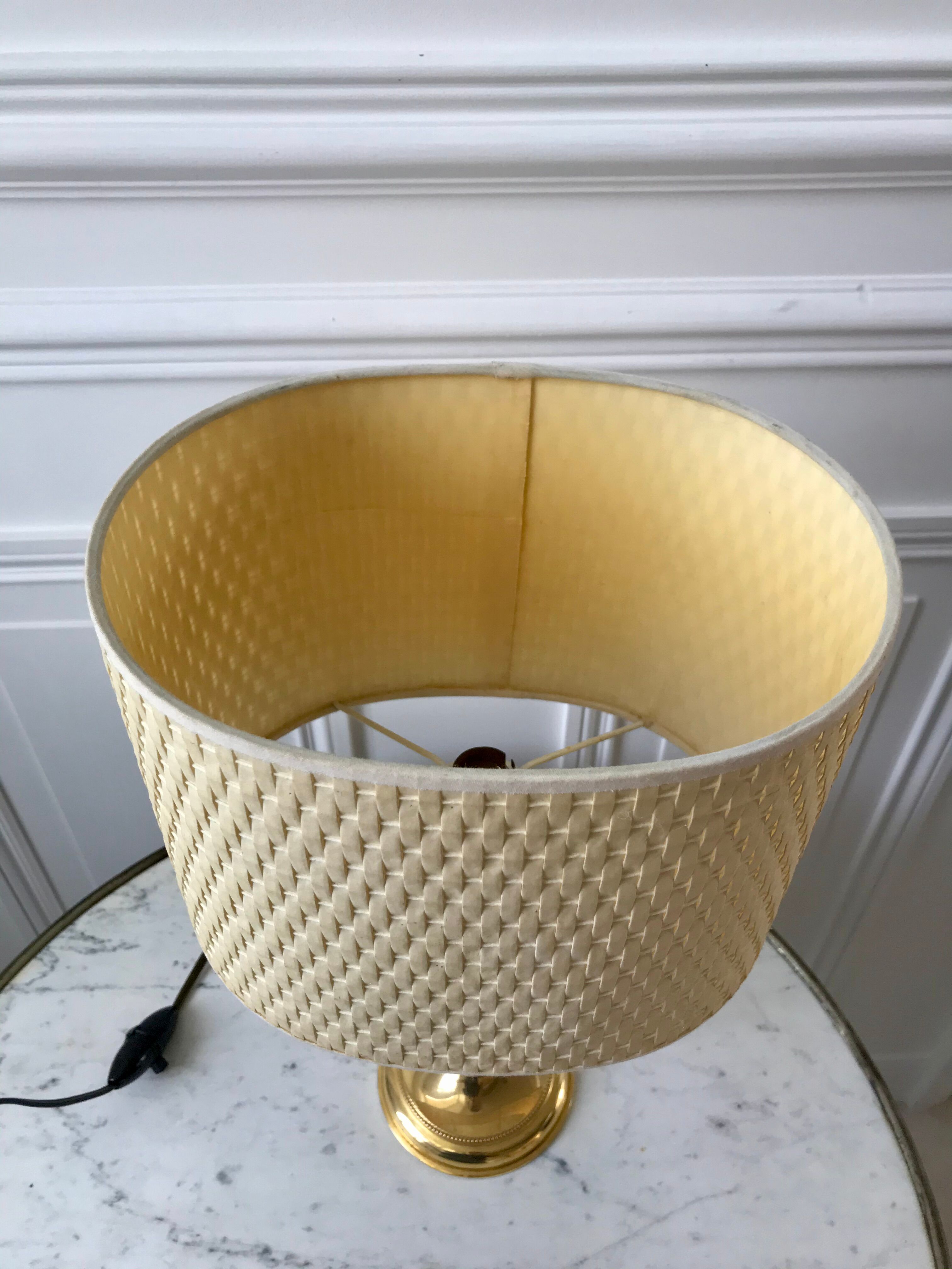 Brass and black metal lamp with woven lampshade woven 50s