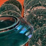 Set of 10 green earthenware dessert plates with a finely embossed floral pattern